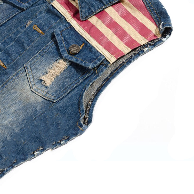 USA Design Men's Vest Jacket / Denim Vest American Flag / Blue Sleeveless Jeans Jackets - HARD'N'HEAVY