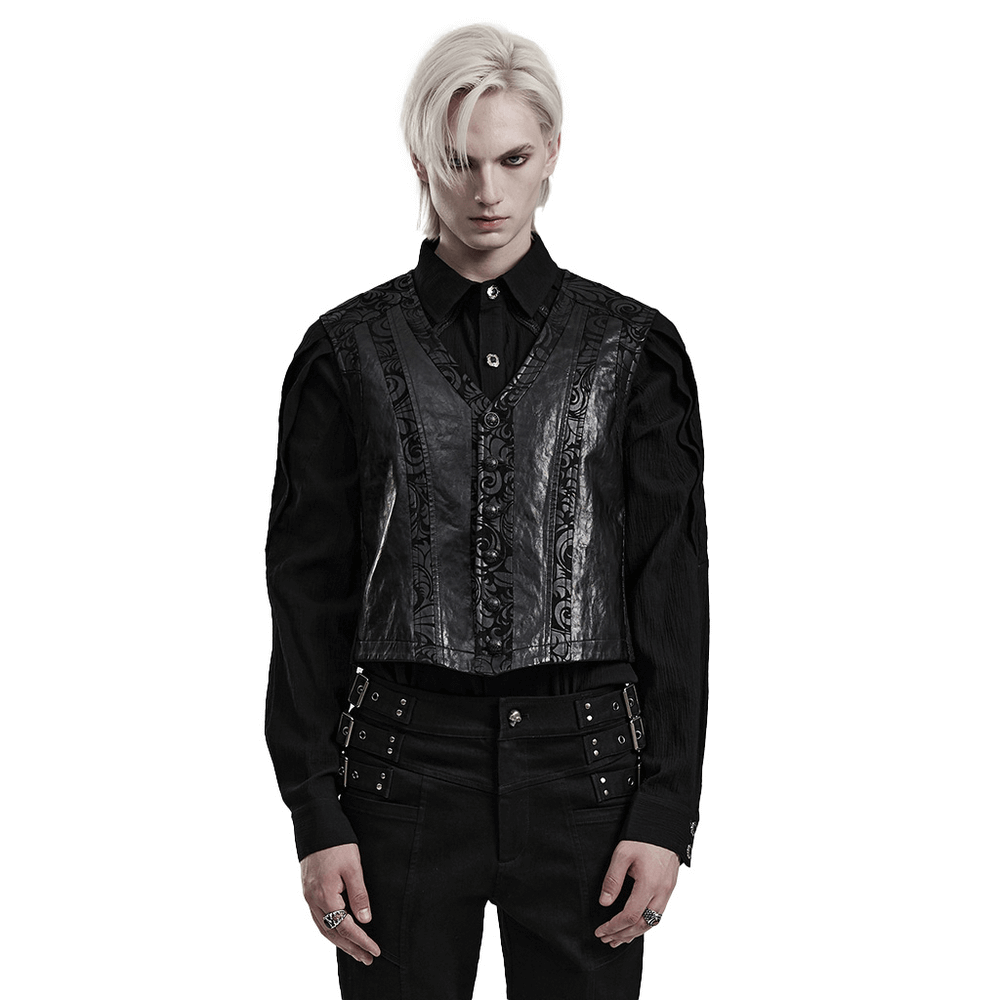Gothic V-neck waistcoat with suede and leather details, combining modern style and dark elegance.