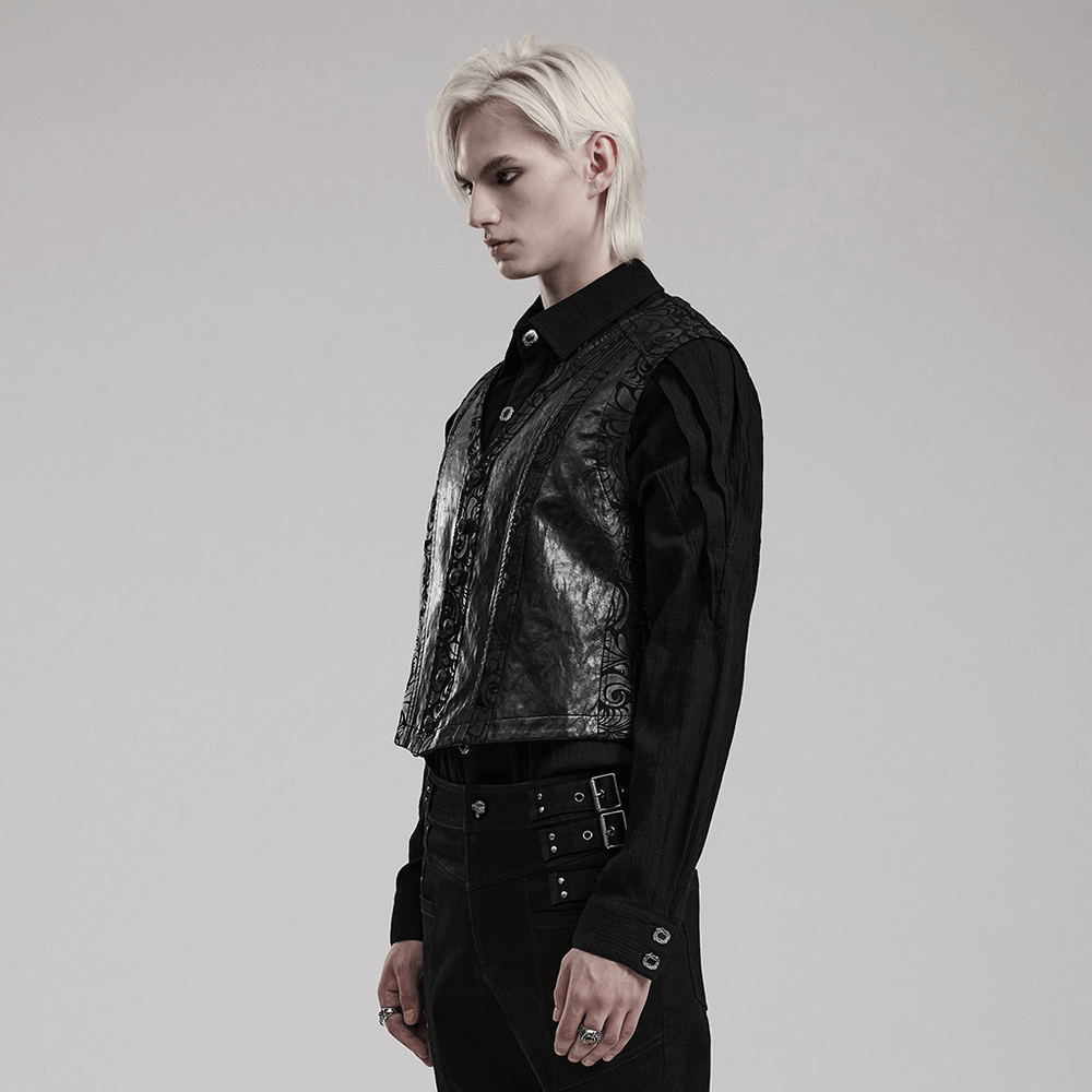 Stylish man in a Gothic waistcoat with rubberized suede and leather details, showcasing a modern, textured look.