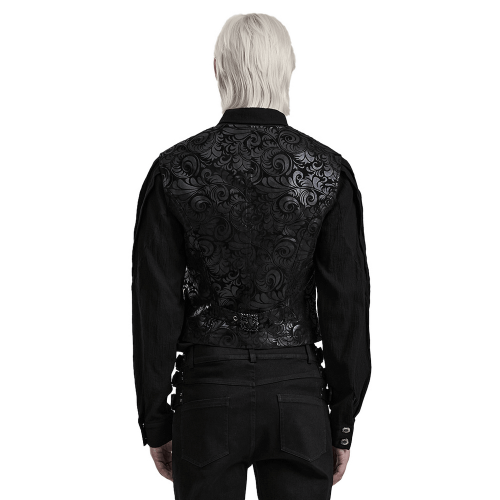 Back view of V-Neck Gothic waistcoat with embossed print and detailed buttons, perfect for a stylish alternative look.
