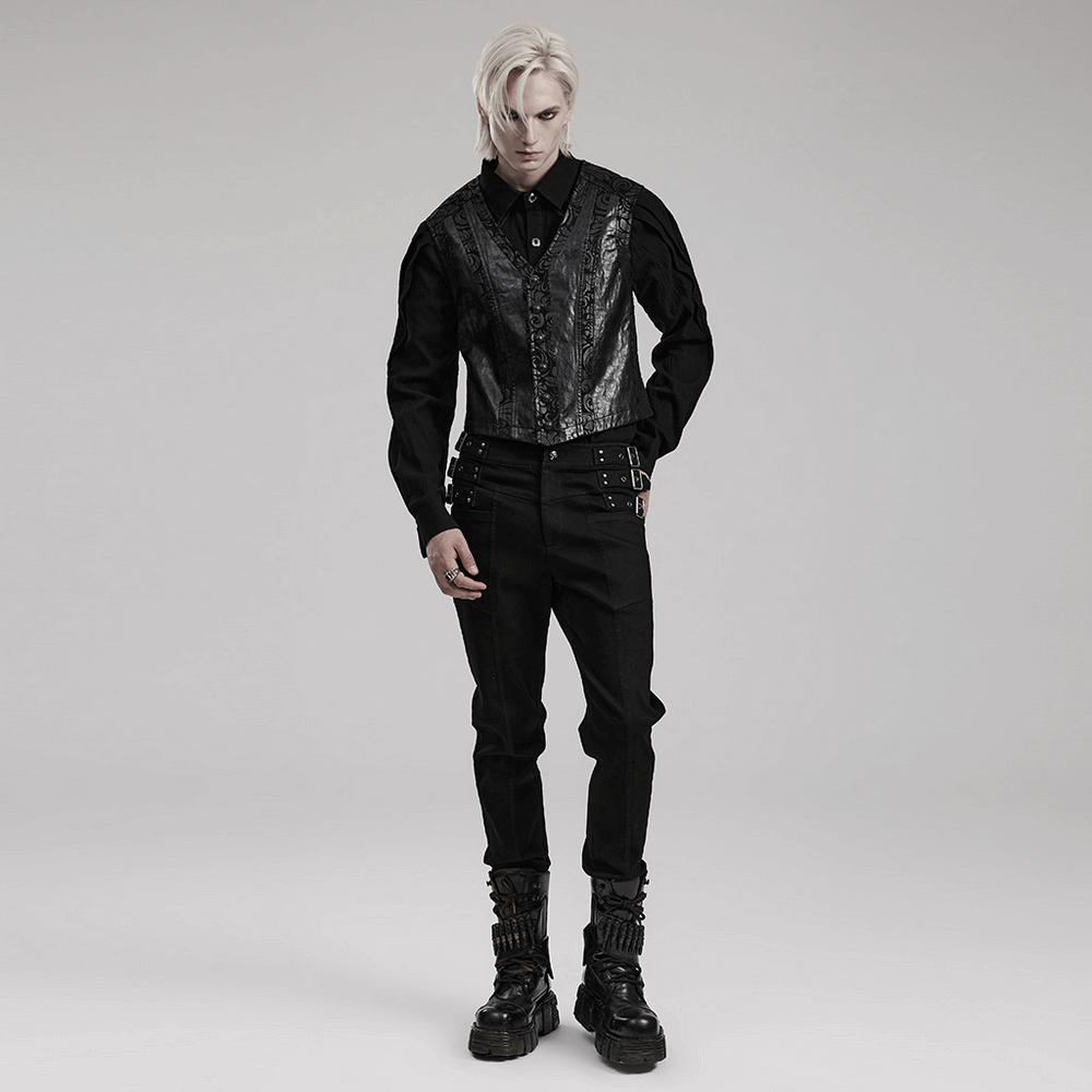 Stylish model wearing V-neck Gothic waistcoat with rubberized suede and leather details.