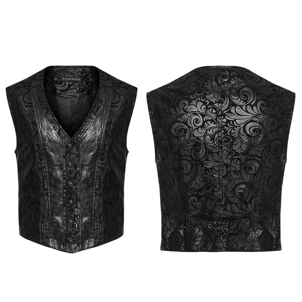 V-neck Gothic waistcoat with embossed design, rubberized suede and leather, showcasing unique button details.