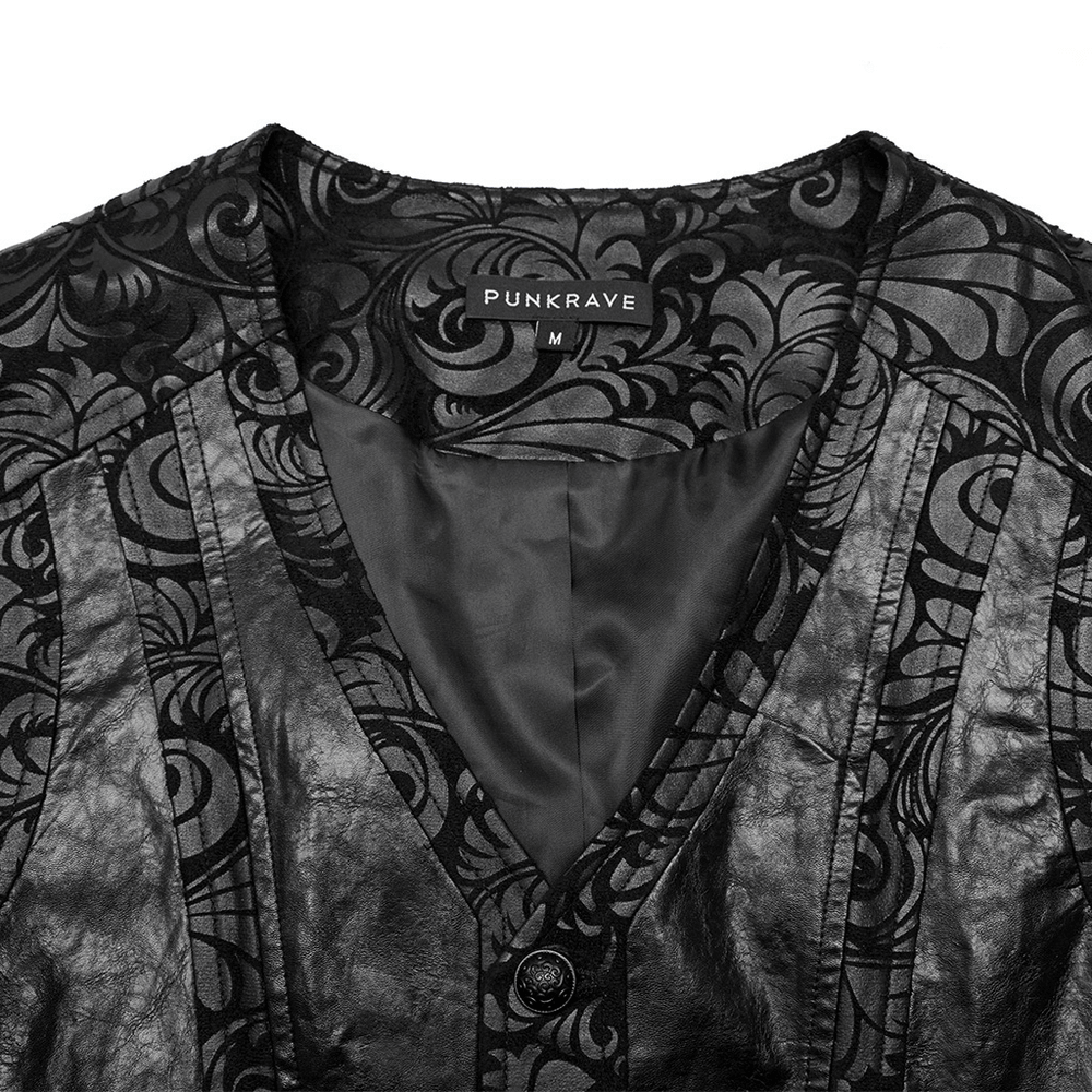 V-neck Gothic waistcoat with rubberized suede and leather details, featuring an embossed floral print and exquisite buttons.