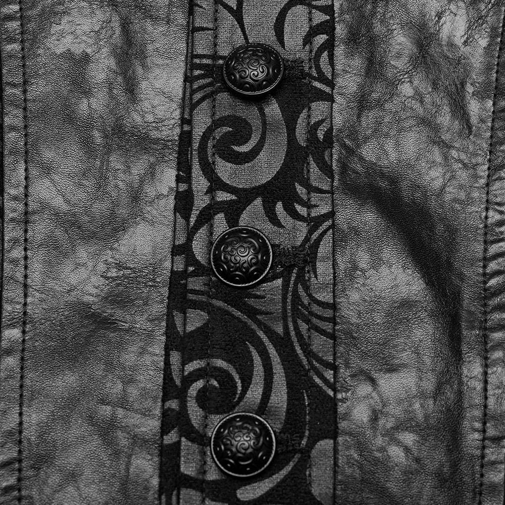 Close-up of embossed Gothic waistcoat featuring ornate buttons and textured rubberized suede fabric.