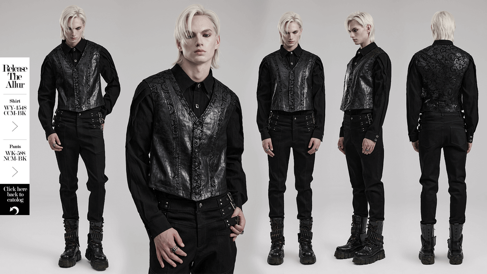 Fashion-forward model showcasing a V-neck Gothic waistcoat with rubberized suede and leather details.