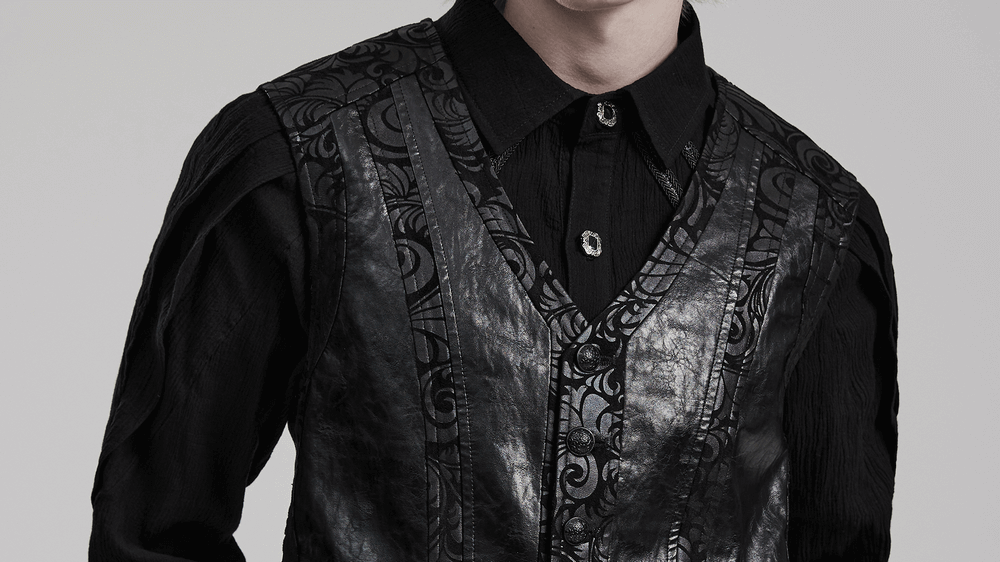 Gothic V-neck waistcoat with rubberized suede and leather detail, featuring embossed patterns and elegant buttons.