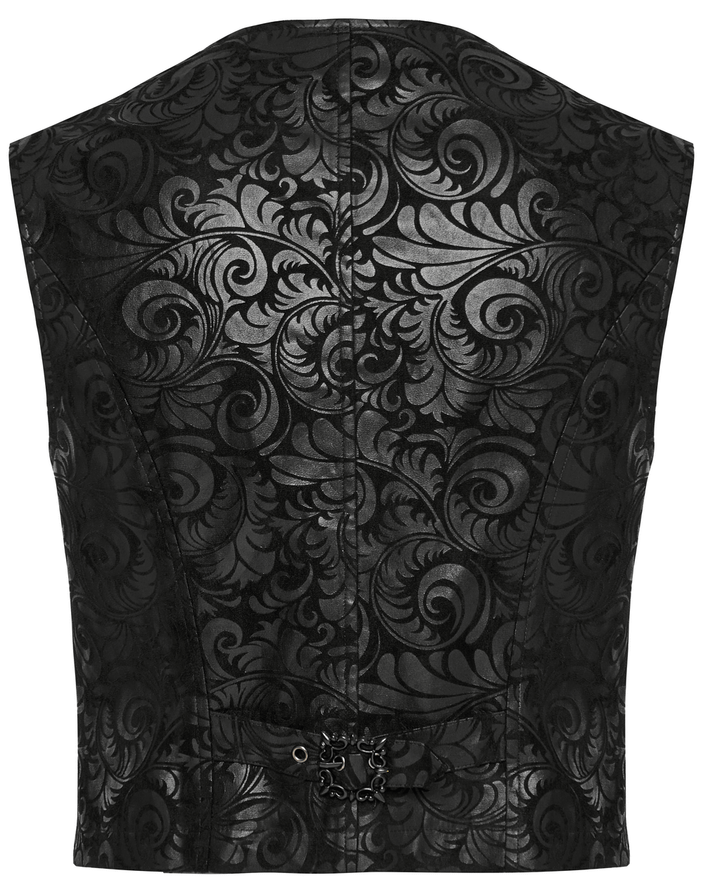 Back view of a gothic embossed waistcoat featuring intricate black patterns on rubberized suede.