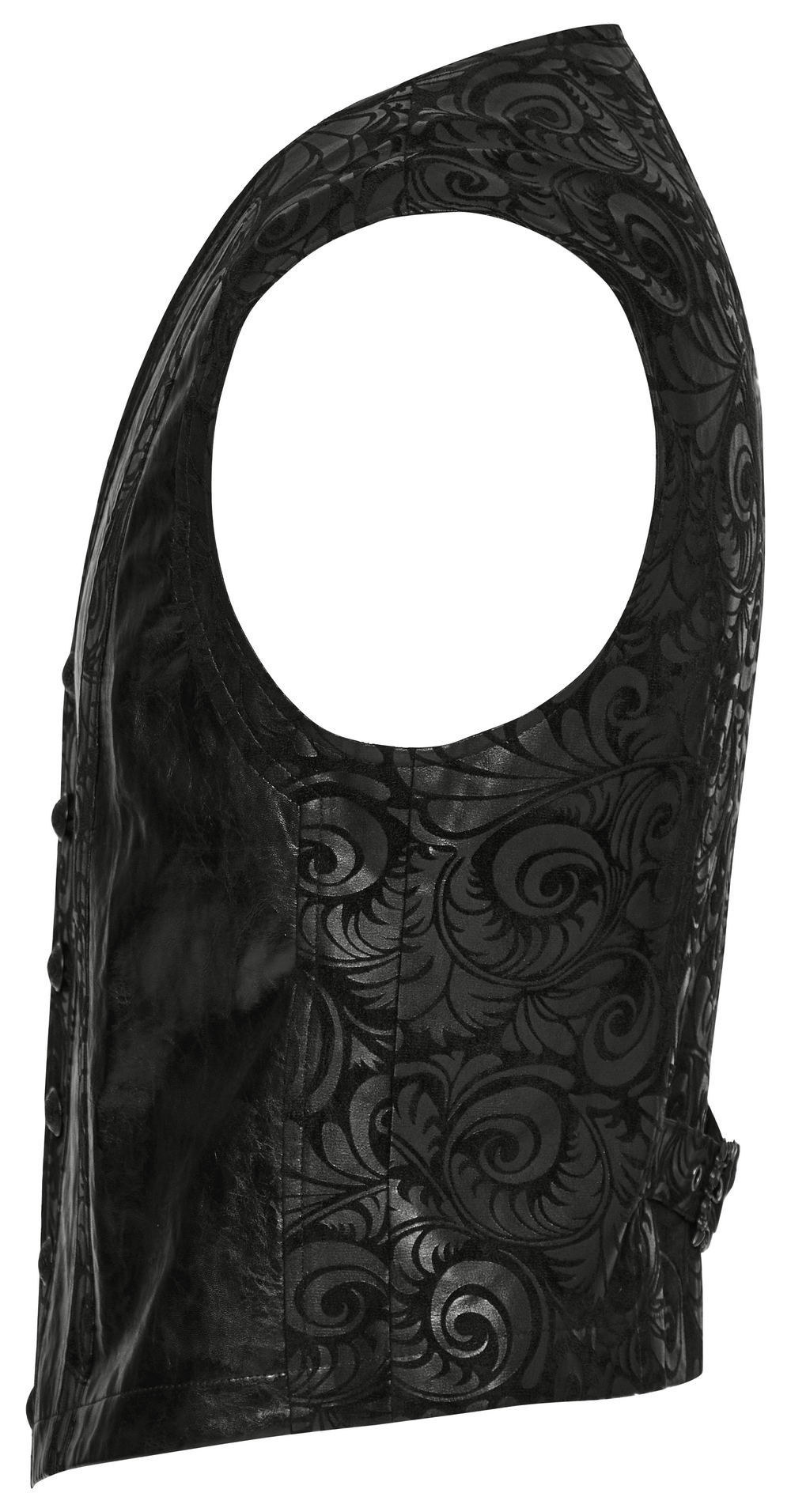 Side view of a black gothic waistcoat with intricate embossed patterns and rubberized suede leather detailing.