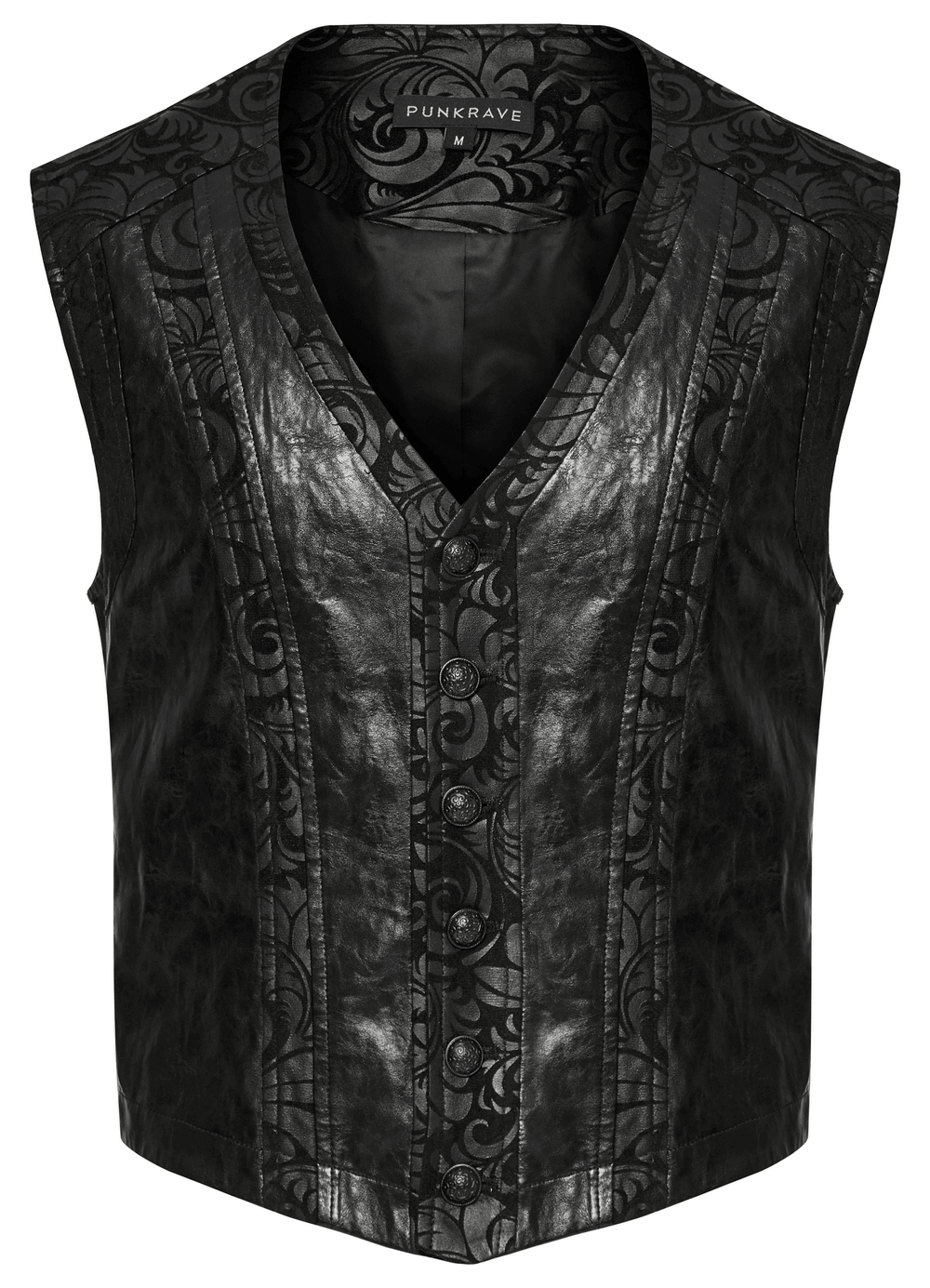V-neck Gothic waistcoat with embossed design, made of rubberized suede and leather for a stylish, textured look.