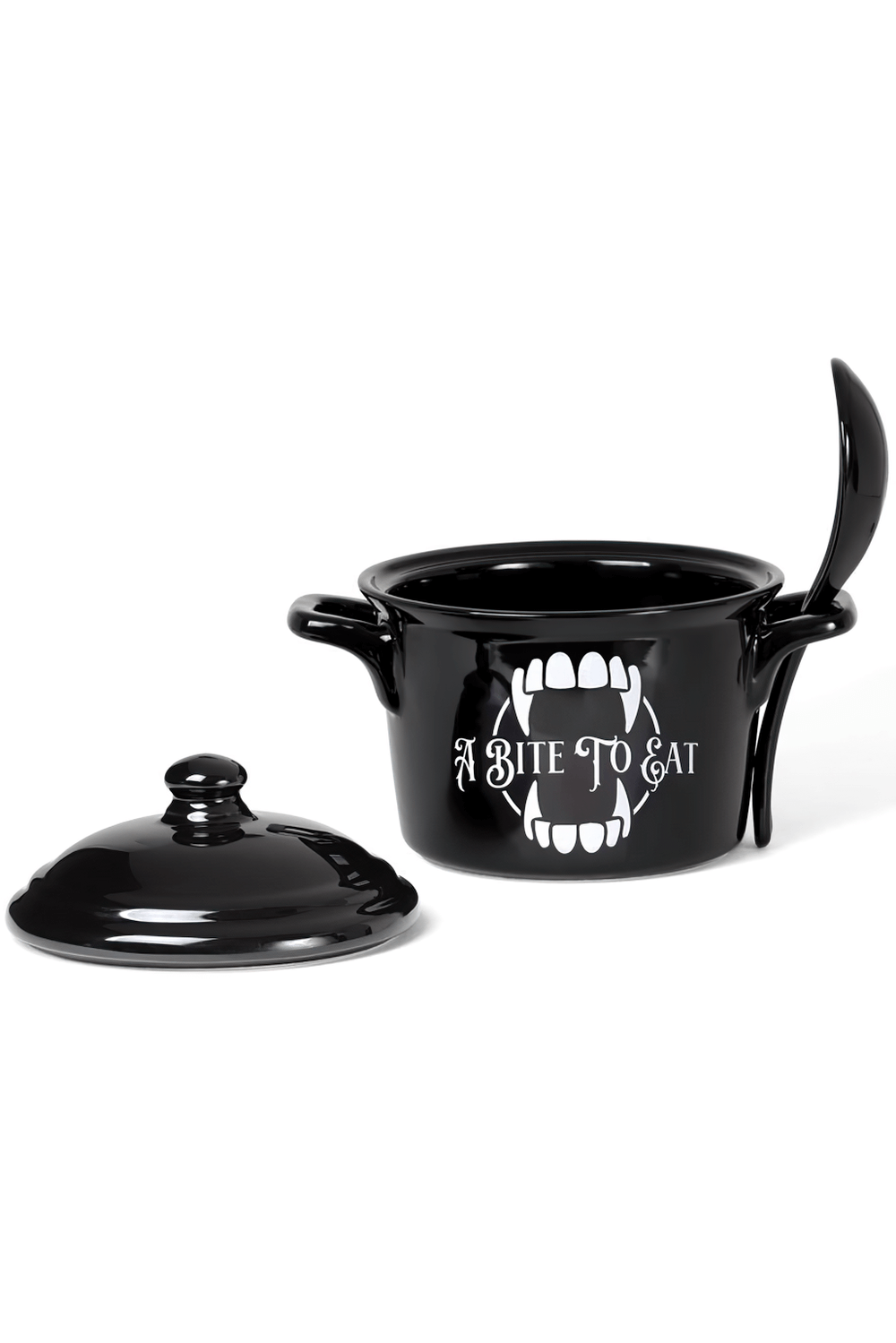 Vampire-themed black cauldron bowl with fang design and spoon, perfect for gothic dining.