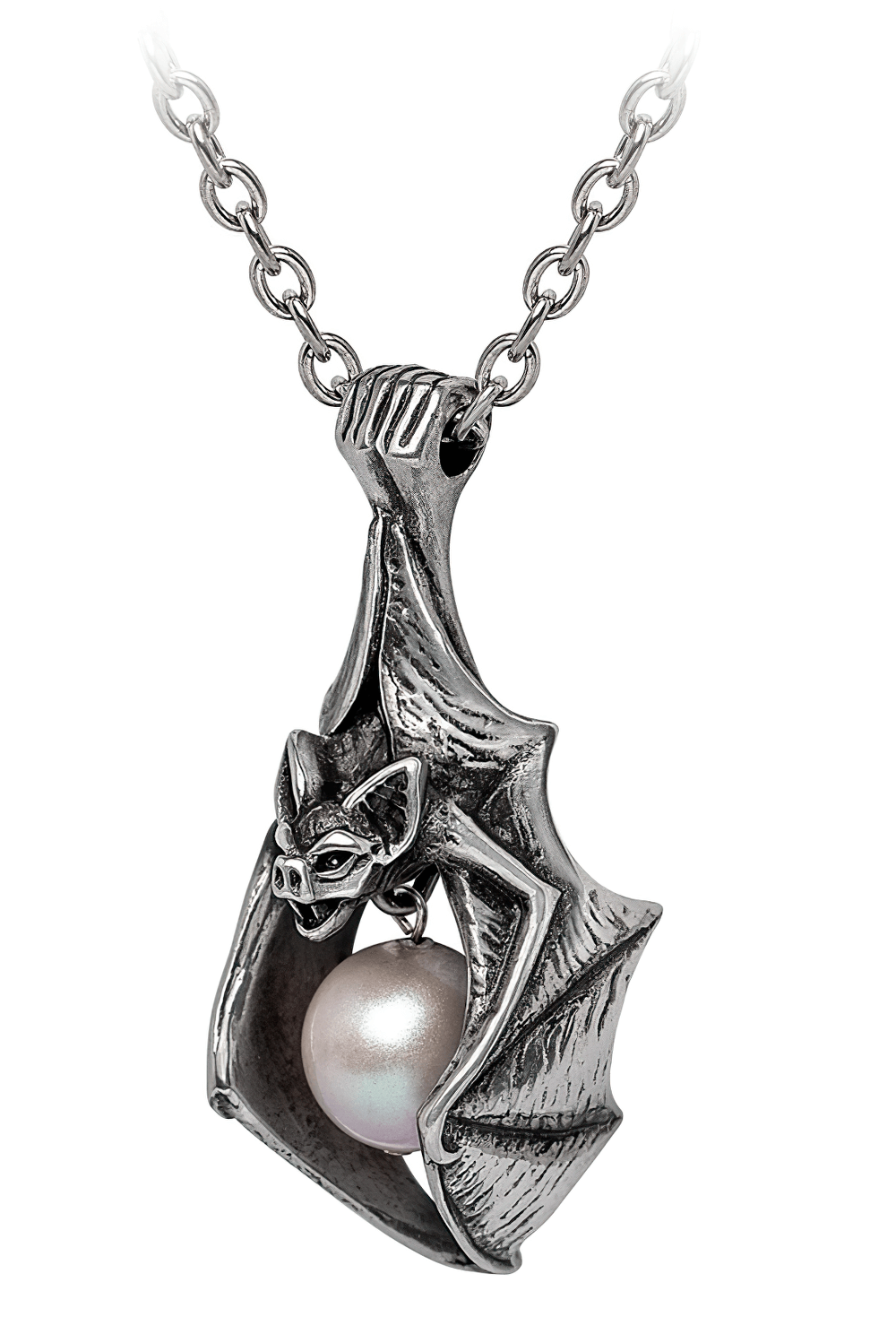 Vampire's Eye bat pendant necklace in pewter with luminous pearl moon detail, elegant gothic accessory.