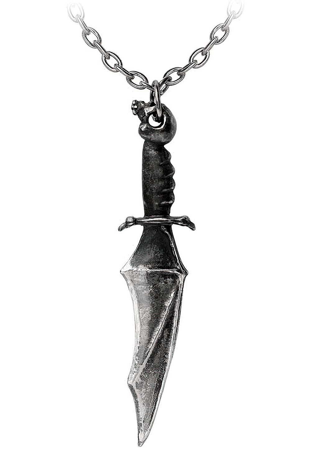 Vampyre knife pendant necklace with bat wing blade and skull pommel, inspired by vampire hunter lore.