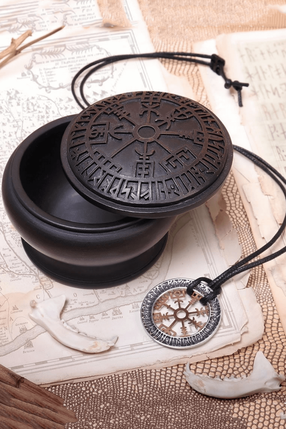 Vegvisir Norse compass trinket box with runes and necklace, celebrating Viking tradition and mythology.