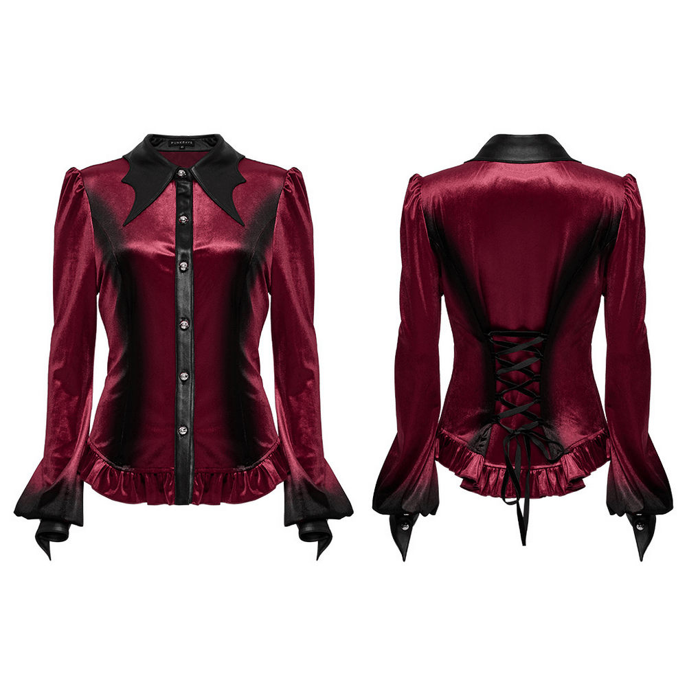 Gothic velvet batwing collar shirt with lace-up back and ruffle hem, featuring bell sleeves and carved buttons.