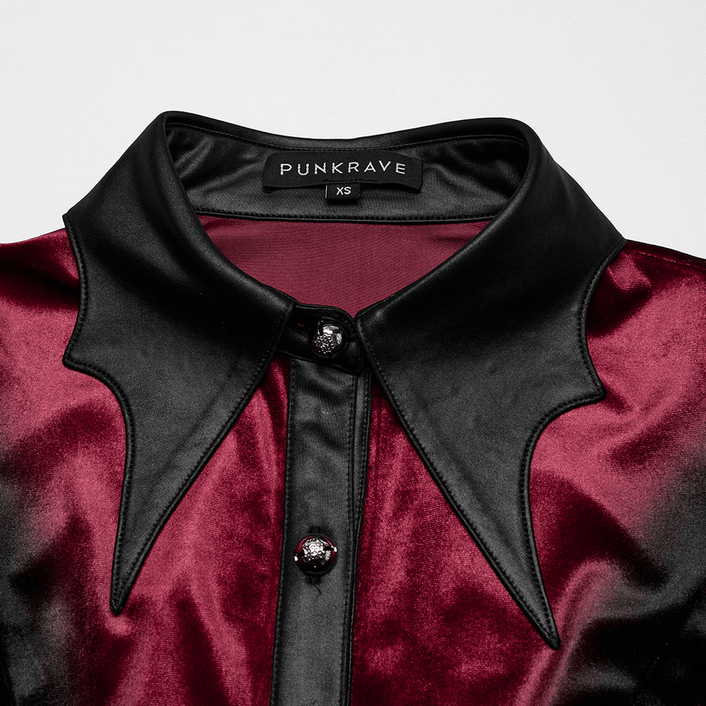 Goth velvet batwing collar shirt with intricate carved buttons and stylish lace-up back detail.