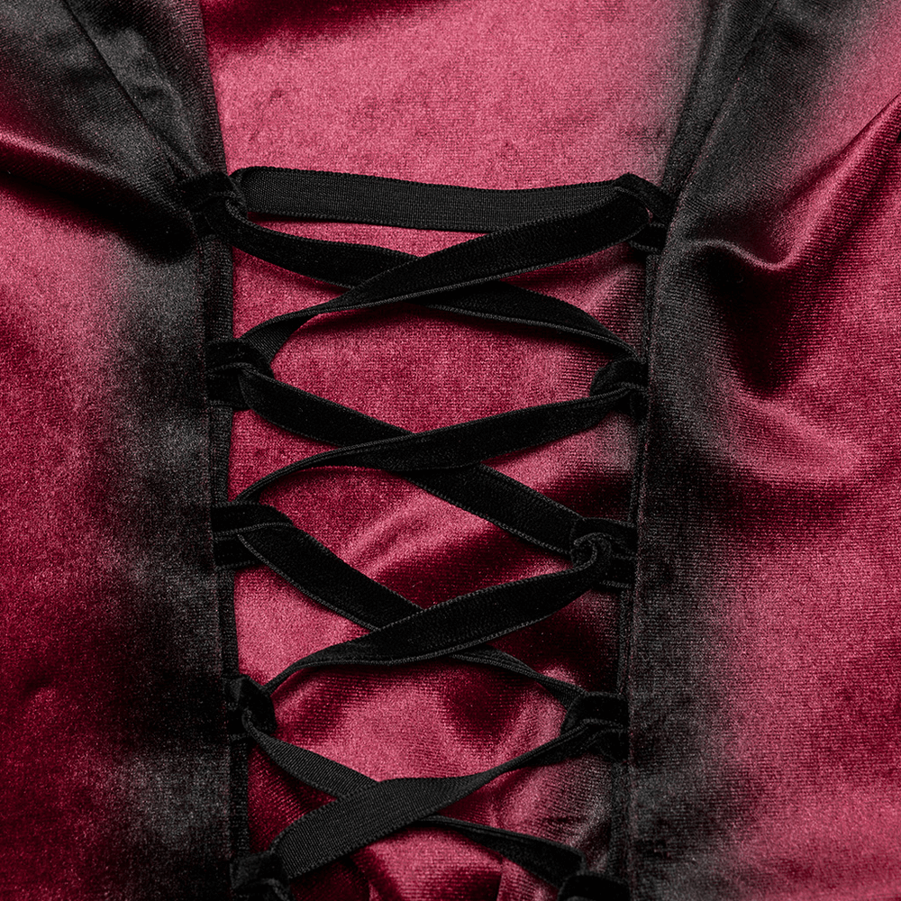 Close-up of lace-up back detail on velvet batwing collar shirt showcasing black ribbons and gradient velvet texture.