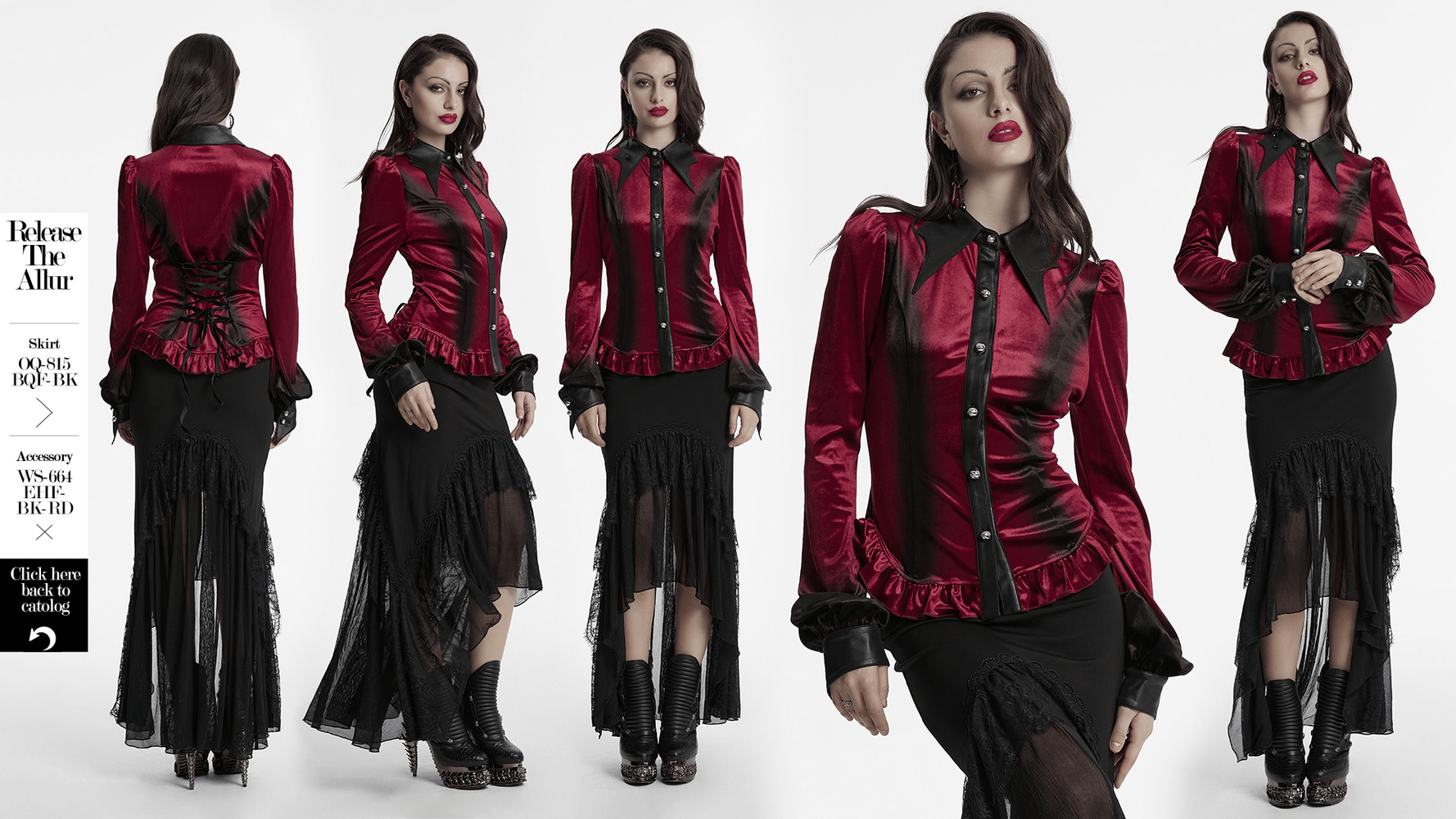 Gothic velvet batwing collar shirt in dramatic red with lace-up back and ruffled hem, perfect for striking fashionistas.