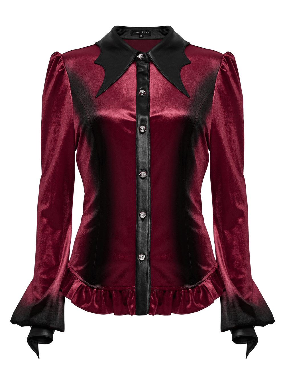 Goth velvet batwing collar shirt with lace-up back, gradient print, bell sleeves, and ruffled hem, perfect for a dramatic look.