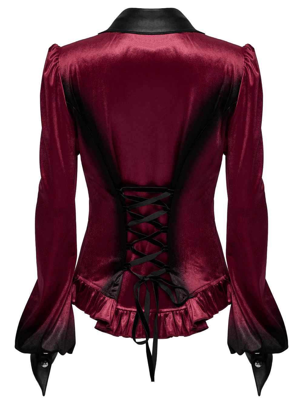 Back view of burgundy velvet batwing collar shirt with lace-up detail and ruffled hem, showcasing adjustable waist.