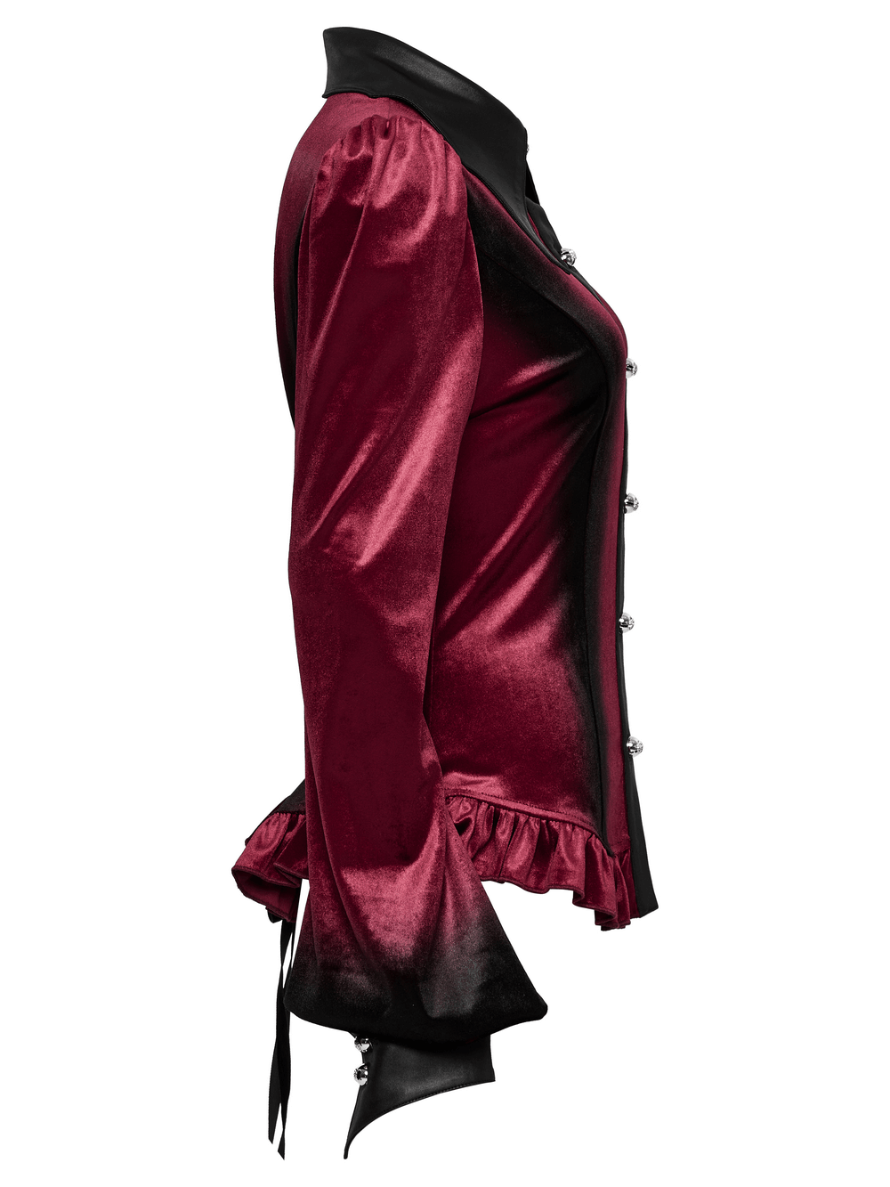 Side view of a velvet batwing collar shirt in gradient burgundy with bell sleeves, lace-up back, and ruffle hem.