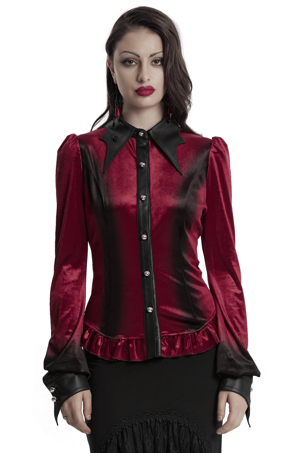 Goth velvet batwing collar shirt in gradient red with lace-up back, ruffle hem, and carved buttons, perfect for edgy fashion.
