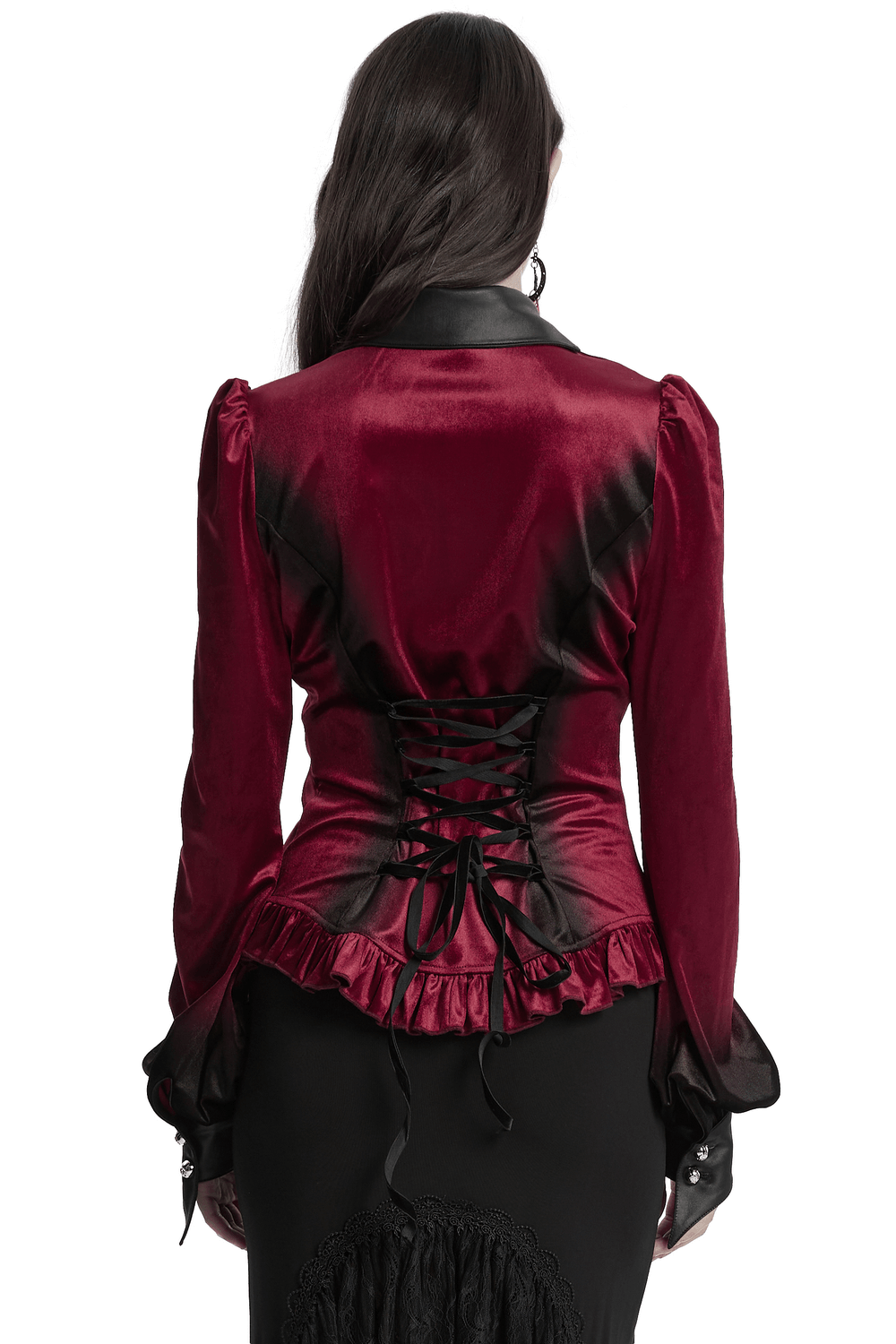 Back view of a velvet batwing collar shirt with lace-up back and ruffle hem in a gothic style.