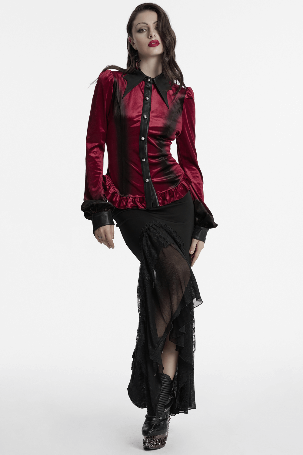 Goth-inspired red velvet shirt with batwing collar, lace-up back, and ruffled hem, paired with a flowing black skirt.