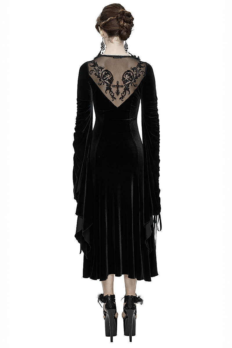 Velvet Black Dress with Filigree Patterns / Gothic Style Dress With Wide Adjustable Sleeves - HARD'N'HEAVY