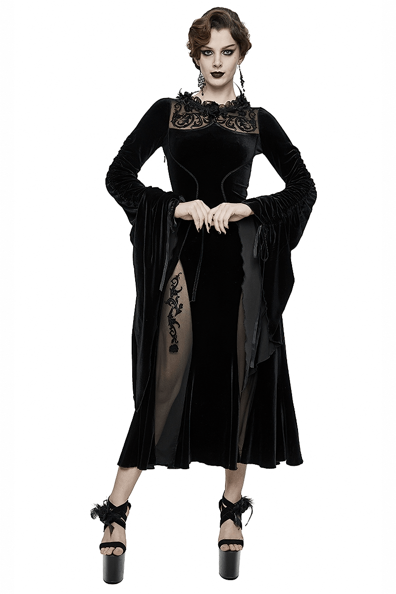 Velvet Black Dress with Filigree Patterns / Gothic Style Dress With Wide Adjustable Sleeves - HARD'N'HEAVY