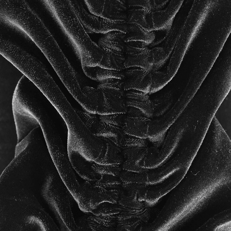Close-up of luxurious black velvet fabric showcasing elegant ruffles, perfect for gothic style dresses.
