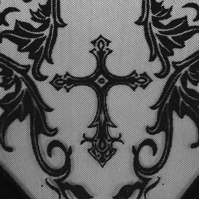 Close-up of elegant black filigree patterns featuring a cross, perfect for gothic style decor.
