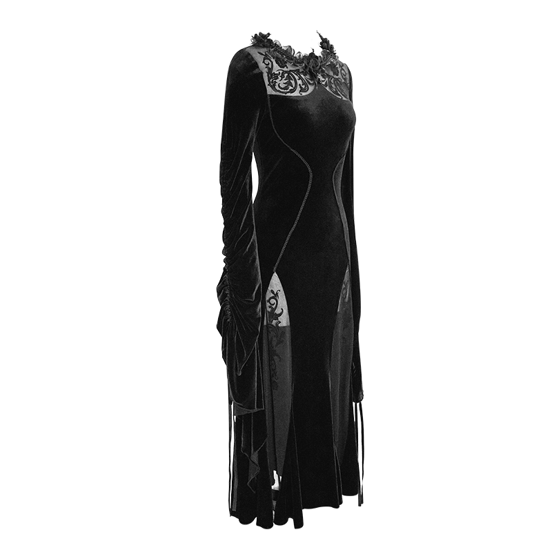 Women's velvet black gothic dress with filigree patterns and wide adjustable sleeves.