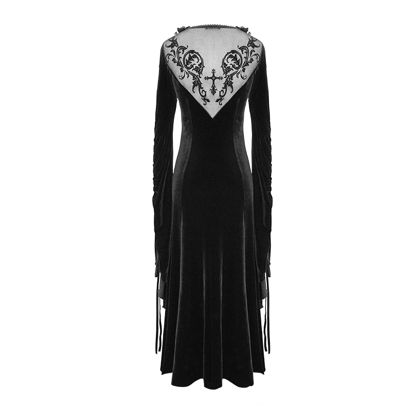 Elegant women’s velvet black gothic dress featuring filigree patterns and wide adjustable sleeves.