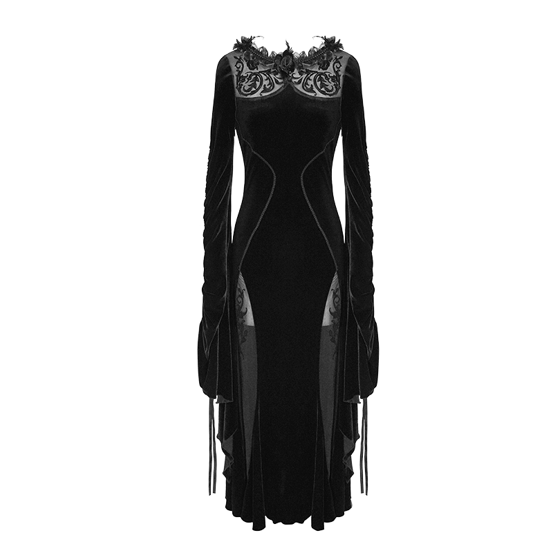 Elegant velvet black dress with filigree patterns and wide adjustable sleeves, perfect for gothic style fashion.