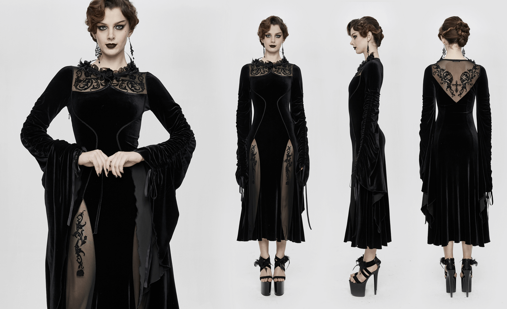 Elegant women's black velvet dress with filigree patterns and wide adjustable sleeves in gothic style.