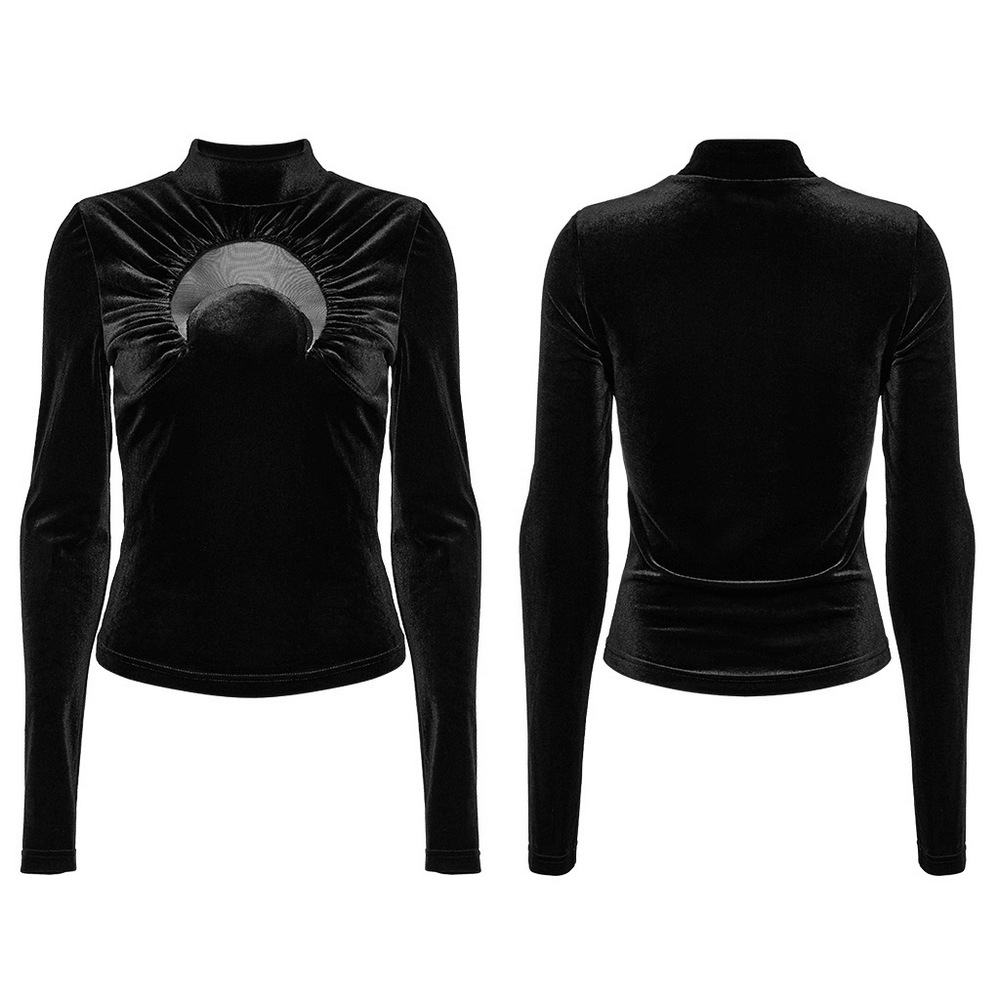 Black velvet crescent cut-out top with stand-up collar and high neck design, perfect for edgy goth fashion.