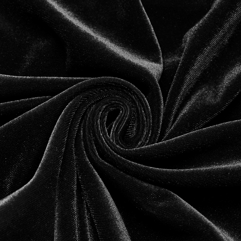 Close-up of black velvet fabric showcasing its luxurious texture and softness, perfect for stylish tops.