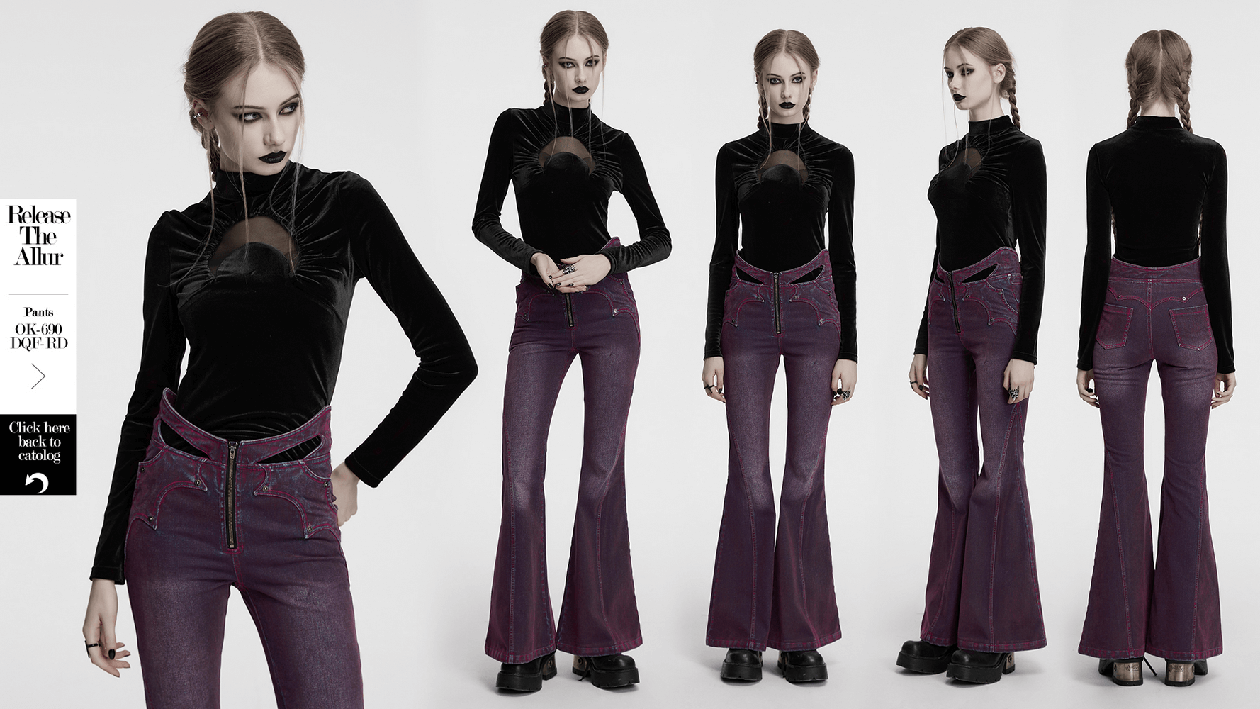 Model wearing a black velvet crescent hollow cut-out top with high neck, paired with purple flared jeans in a chic pose.