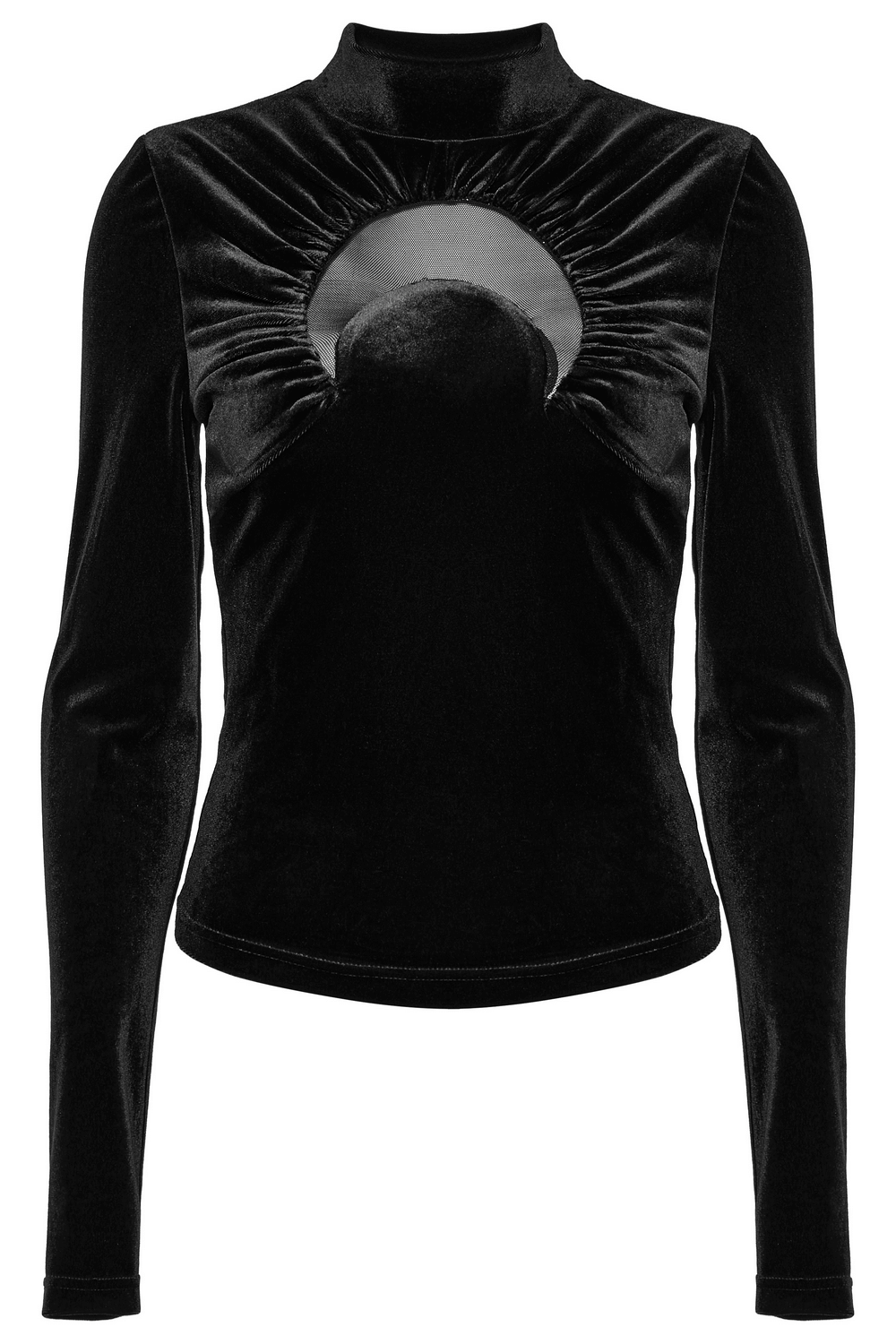 Elegant black velvet top featuring a crescent cut-out and stand-up collar for a chic, edgy look.