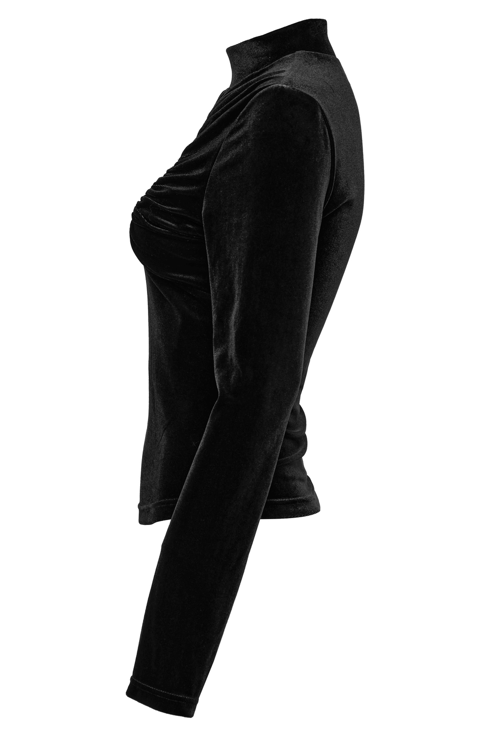 Elegant black velvet top with crescent cut-out, high neck, and flattering fit, perfect for alternative fashion.
