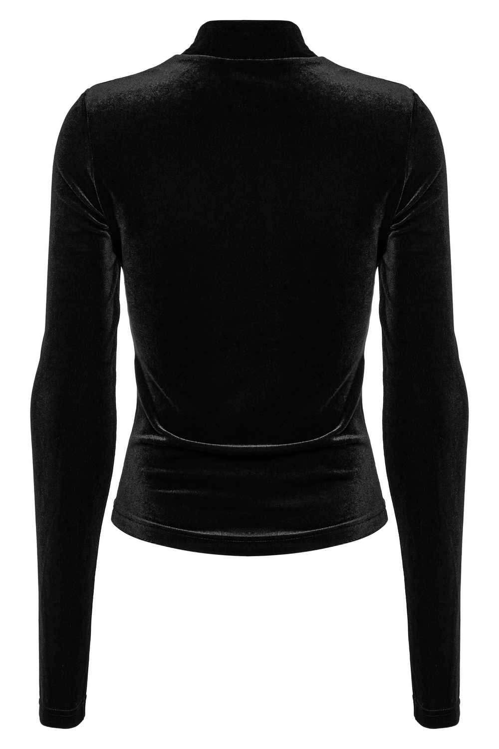 Back view of a black velvet crescent cut-out top with long sleeves and stand-up collar, perfect for edgy fashion.