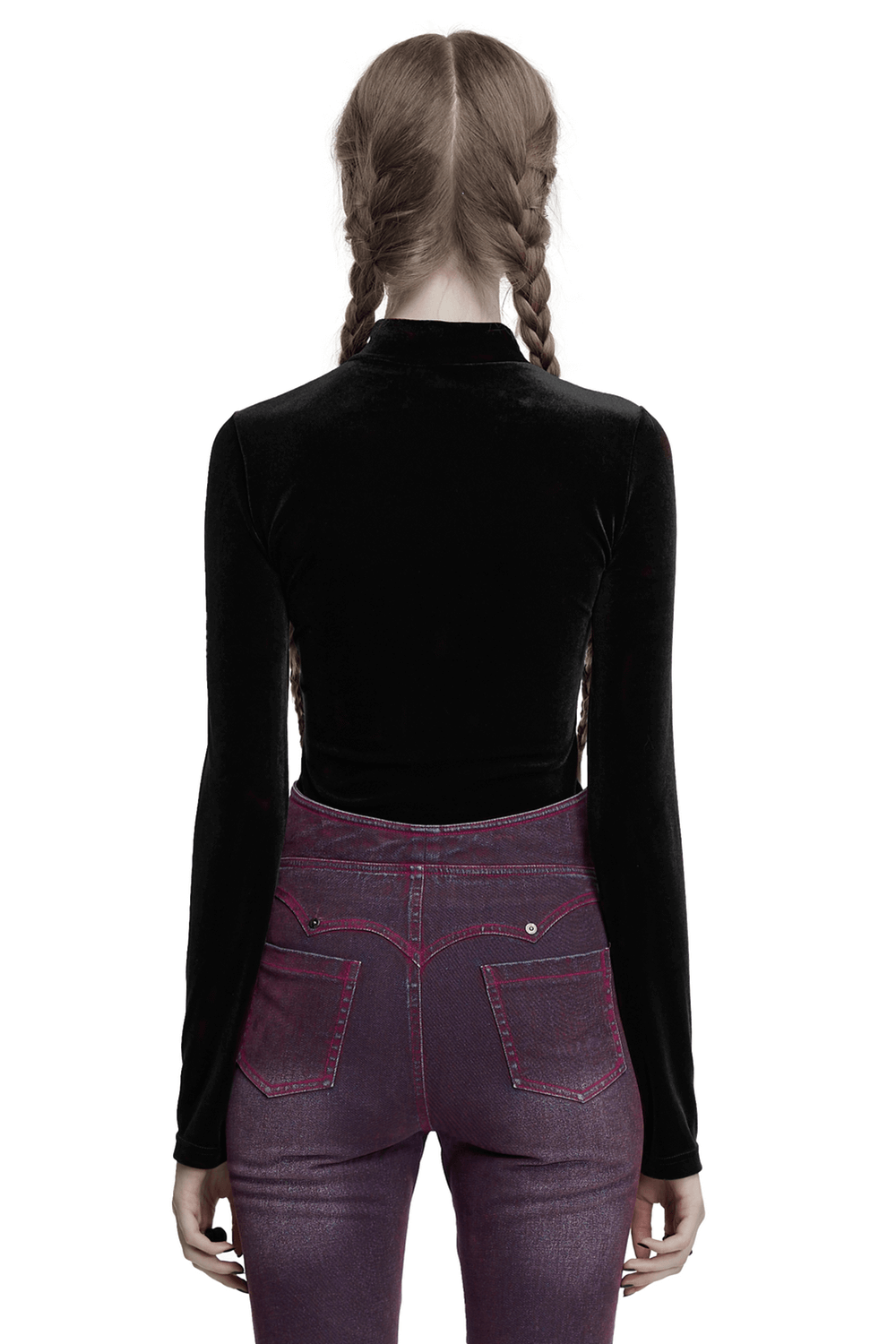 Back view of a model wearing a black velvet high neck top with pink jeans, showcasing a sleek, stylish look.