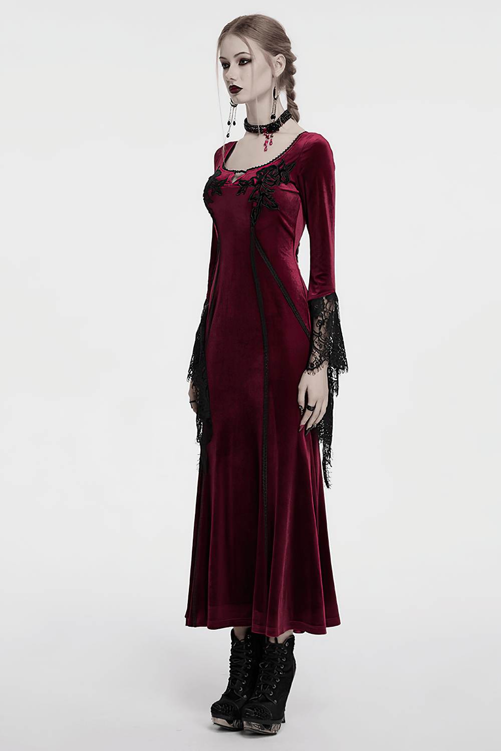 Goth velvet dress with lace bell sleeves and rose embroidery in rich burgundy, perfect for dramatic style.