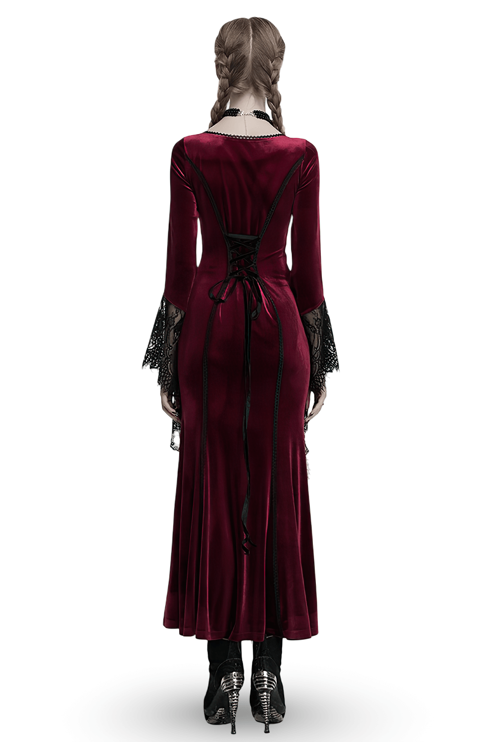 Back view of a gothic velvet dress with lace bell sleeves and corset-style lace-up detail.