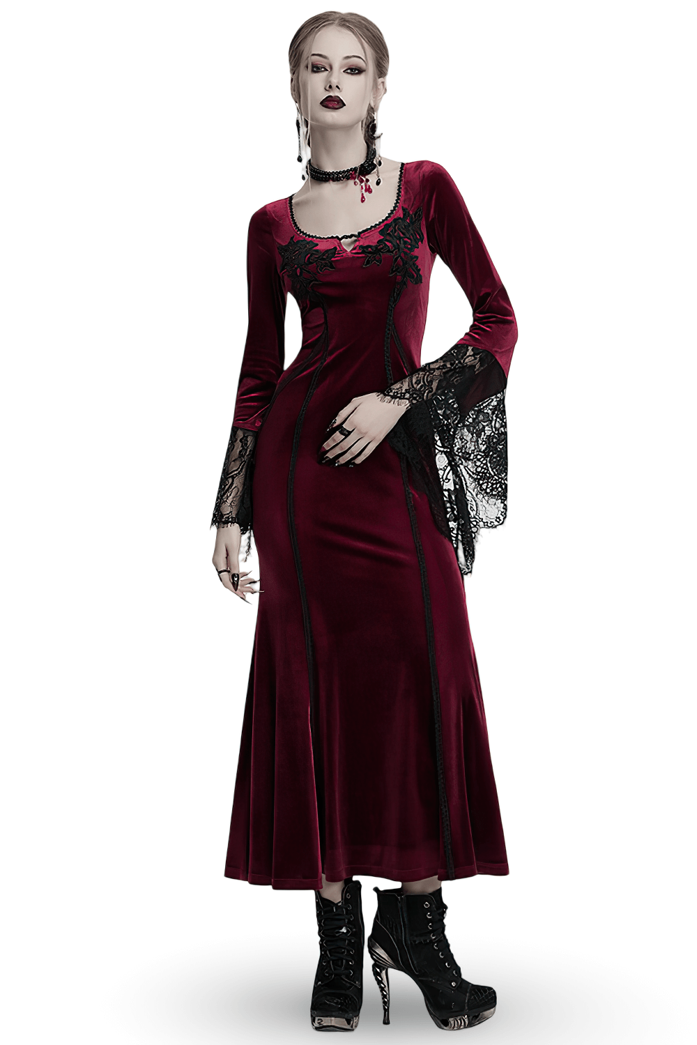 Goth velvet dress with lace bell sleeves and rose embroidery, featuring a corset-style back for a perfect fit.