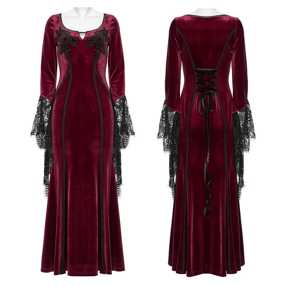 Gothic velvet dress with lace bell sleeves, rose embroidery, and corset-style back, perfect for dark fashion enthusiasts.