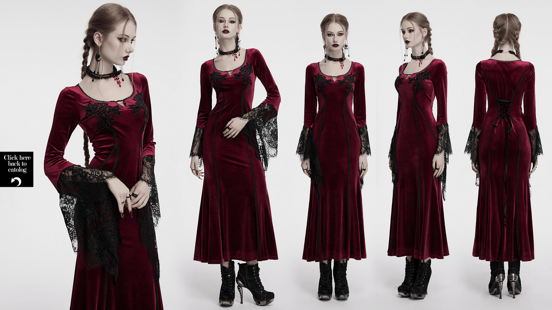 Goth velvet dress with lace bell sleeves, rose embroidery, and corset-style back, perfect for dark elegance.