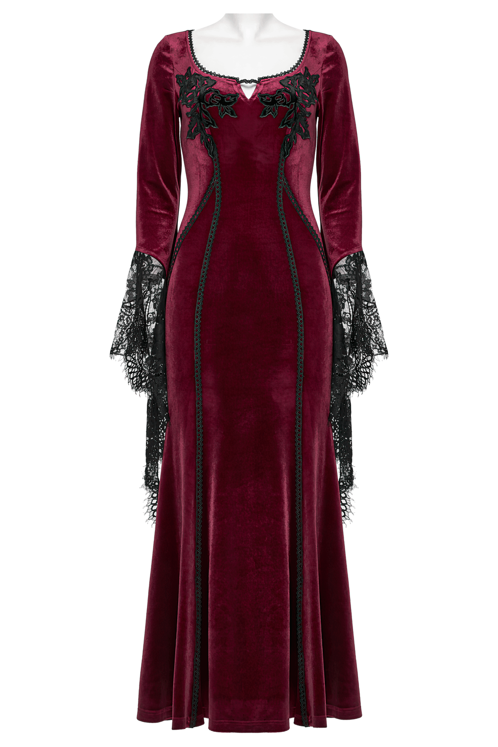 Velvet Dress with Lace Bell Sleeves and Rose Embroidery Velvet Dress with Lace Bell Sleeves and Rose Embroidery