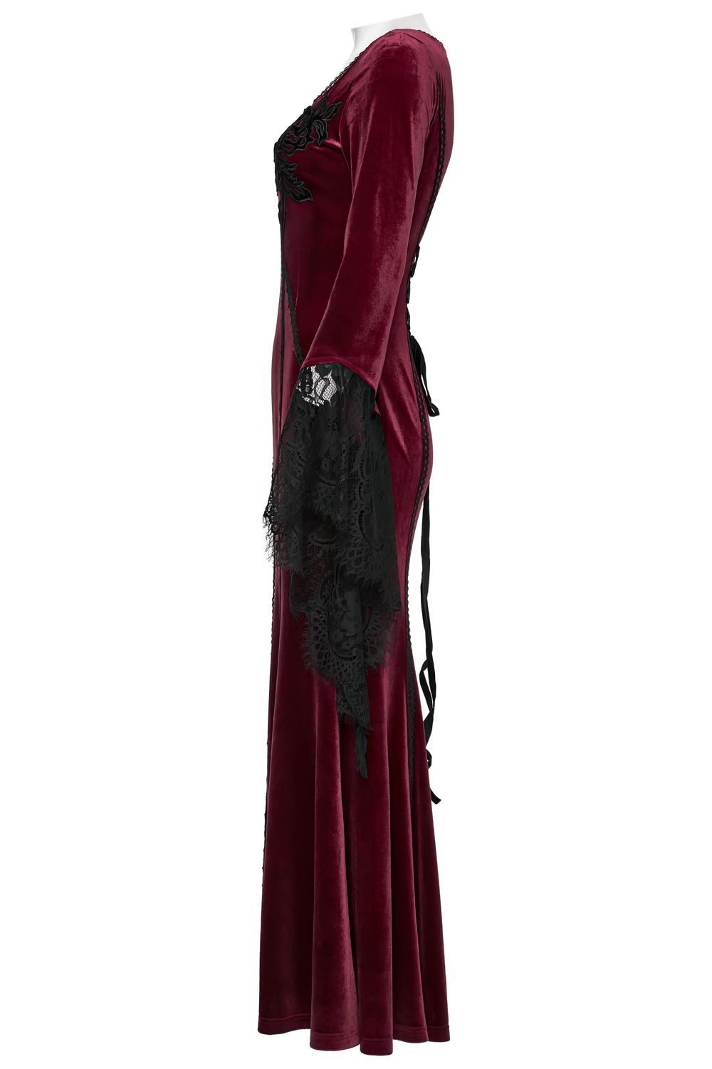Goth velvet dress featuring lace bell sleeves, rose embroidery, and a corset-style back for a sleek silhouette.