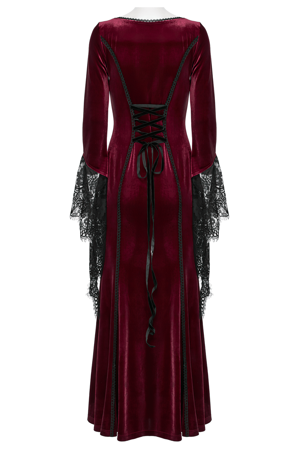 Back view of a gothic velvet dress with lace bell sleeves and corset-style lacing in deep burgundy.